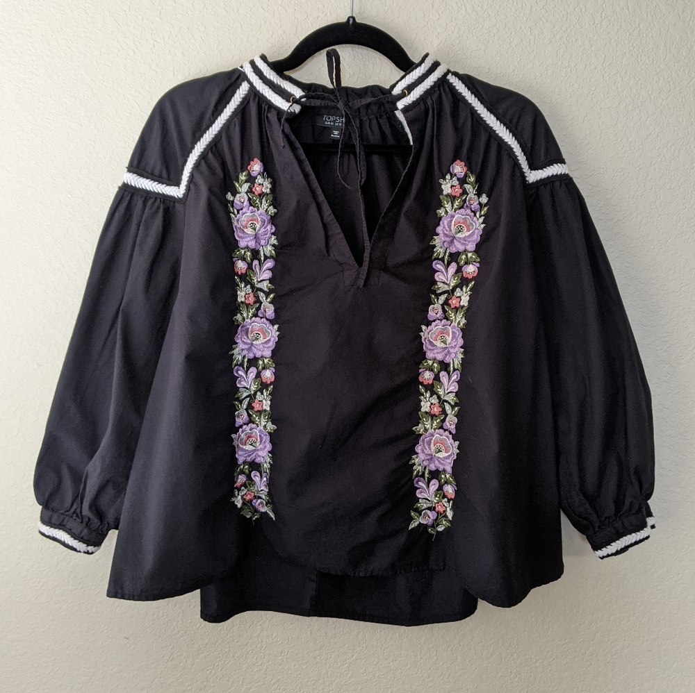 Topshop 10 black embroidered long sleeve boxy cotton blouse